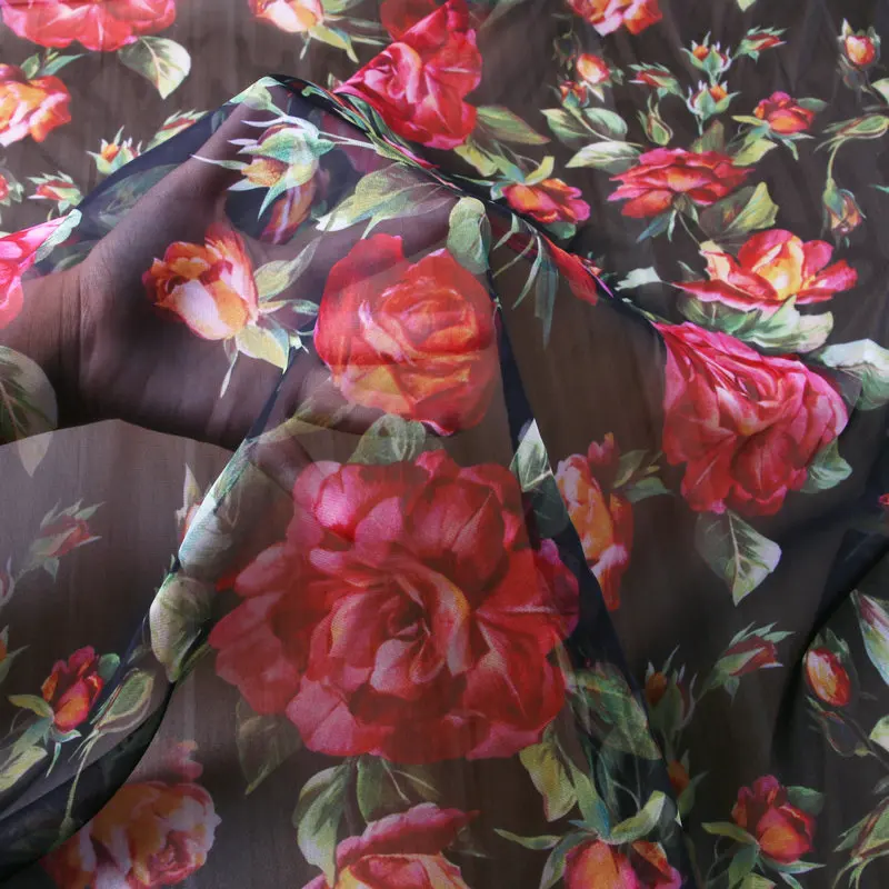 

floral weightless chiffon fabric,pink rose floral printed chiffon fabric,women blouse dress transparent thin fabric tissue