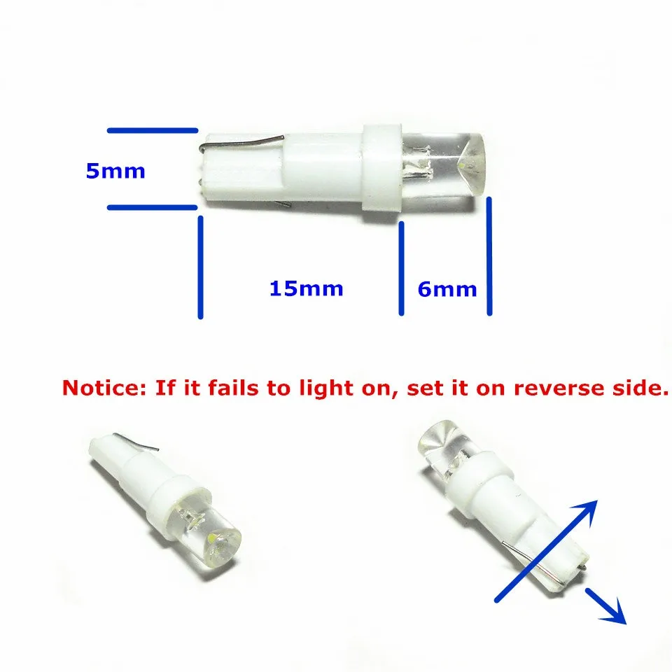 12 В светодио дный белый Цвет автомобилей лампа T5(5 мм Наводнение лампы) для W1.2W W2.3W W2X2.6d панель пепельница световой сигнал