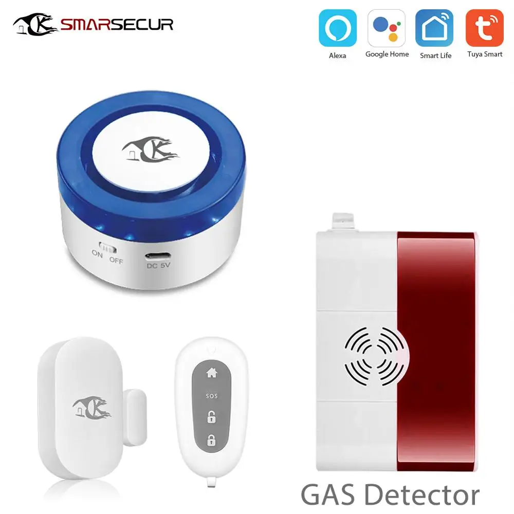 SMARSECUR Home wifi Security alarm siren WiFi Smart Siren Tuya Smart Life 433Mhz Gas Detector