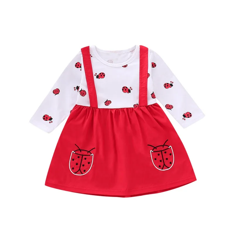 

Autumn Baby Kids Girls Cotton Long Sleeve Strap Dress Sweet Red Ladybug Pattern Printed Breathable Comfortable Princess Dress