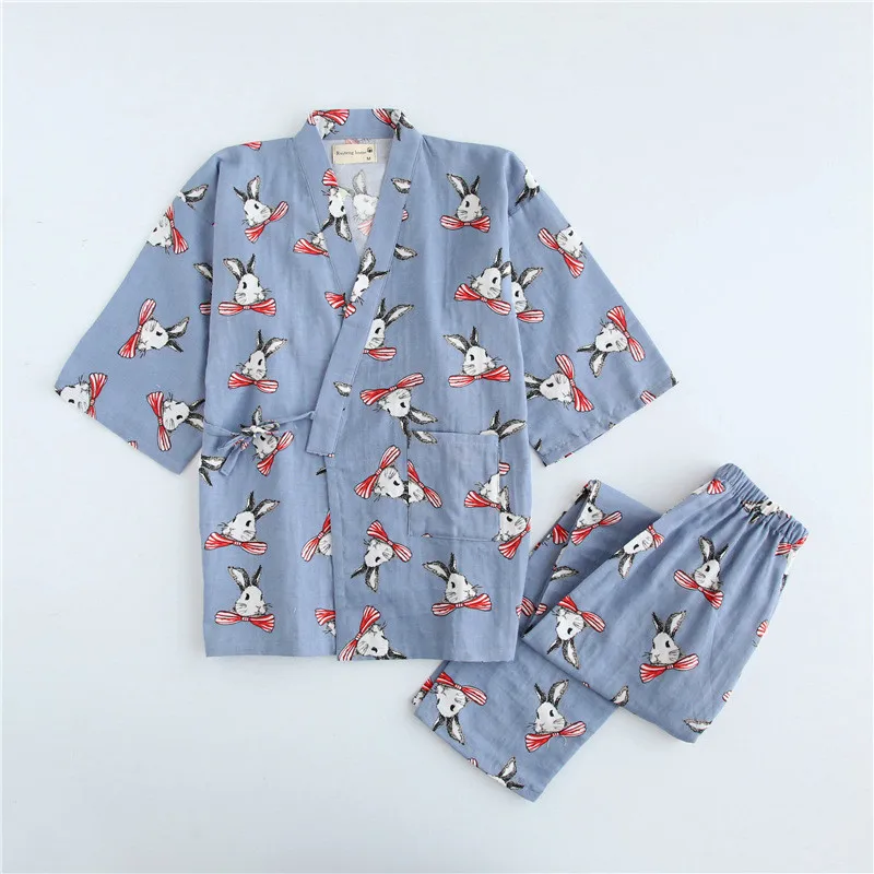 Хлопок газовое кимоно Мужская пижама-кимоно комплект три четверти рукава кимоно халат и длинные штаны с принтом кролика хлопок марли