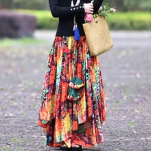 Национальный Стиль Женская Весенняя и летняя плиссированная танцевальная юбка из хлопка и льна с цветочным принтом harajuku/длинные женские юбки
