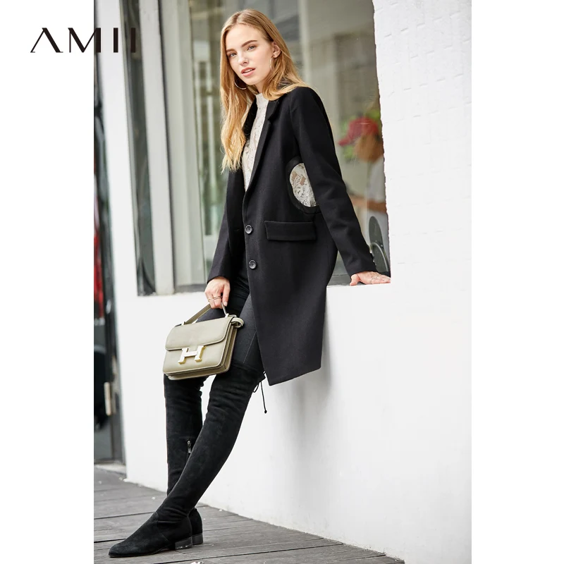 

Amii Minimalist Fashion Woolen Jacket Women Autumn Winter 2018 Causal Solid Hollow Out Patchwork Female Wool Long Coat Jackets