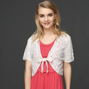 

Europe Summer Women Short Shrug Paisley Vintage Embroidery Lace Mesh Shawl Thin Short Sleeved Cardigan With Belt