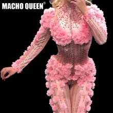 Сексуальное боди со стразами с розовым цветком, комбинезон, костюм королевы для певицы для сцены, цельный костюм, Стрейчевые наряды