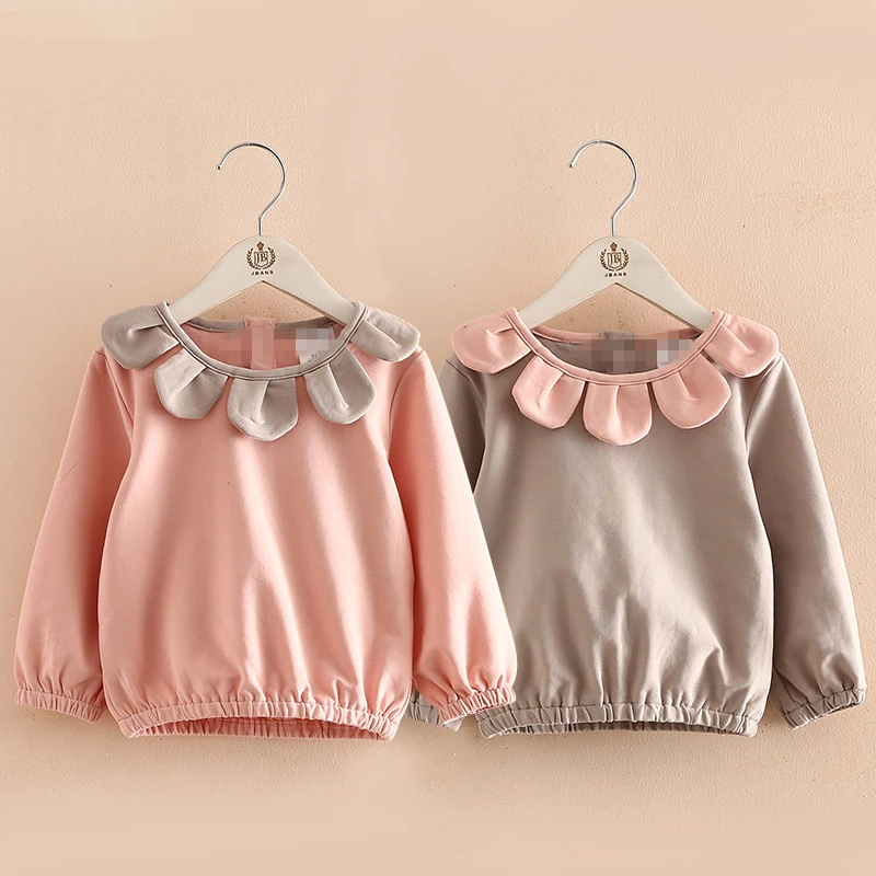 

Long Sleeve Girls Cotton T-shirts Tops Spring Cute Petal Collar Baby T Shirt Solid Color Kids Clothes Fashion Girls Clothing