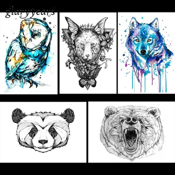 

5 Pieces Wild Animal Pattern Design Temporary Tattoo Sticker Watercolor Raccoon Wolf Decal Waterproof Fake Tattoo Stickers KM#17