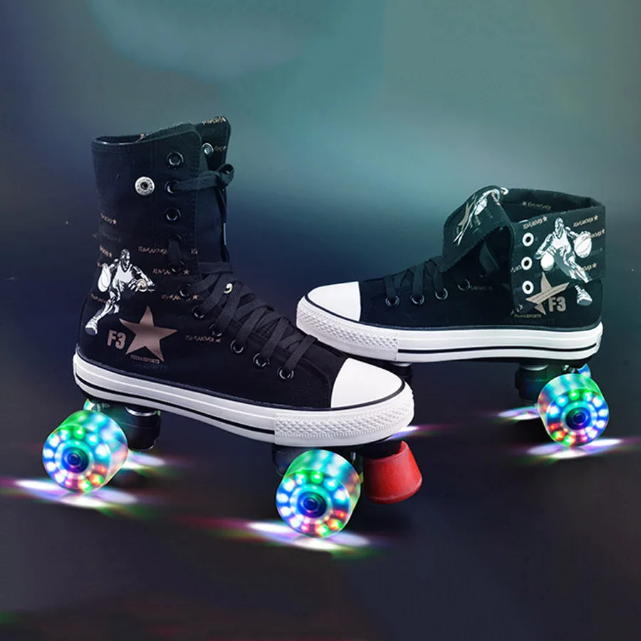 زلاجات دوارة حذاء قماش مع Led الإضاءة بو عجلات مزدوجة خط الزلاجات الكبار 4 عجلات اثنين خط الأسطوانة أحذية التزلج Patines