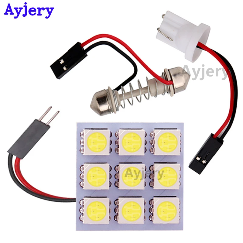 

AYJERY 20pcs Panel Light 5050 9 SMD LED Dome Light Bulb Festoon Dome Bulb Lamp White Adapters BA9S/Festoon + T10 Adapters 12V