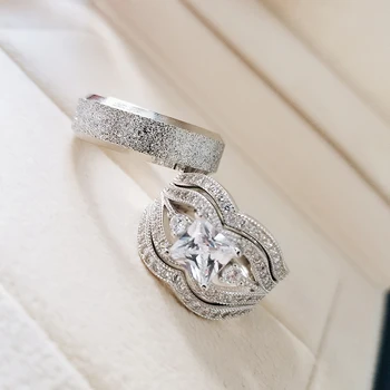 

Real 925 Sterling Silver 3pcs in 1 Couple Wedding Ring Set for Bridal Women and men Finger Gift Africa Fashion Jewelry R5267S