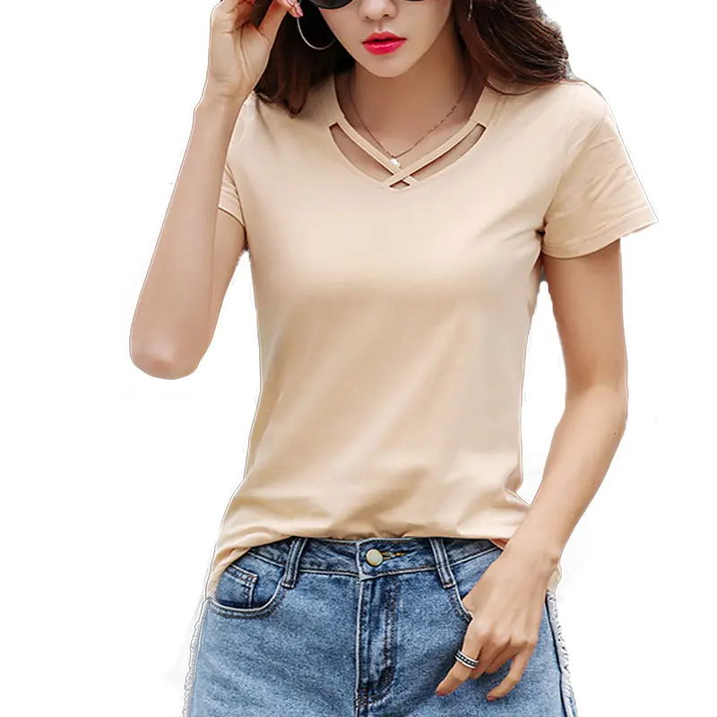 

Volocean 2019 New Summer T Shirt Woman Hollow Out T-shirts For Women Cotton Female V-neck T-shirt Plus Size Top Tee