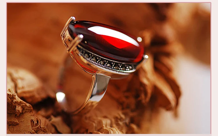 Высокое качество 925 Чистое серебро Натуральные полудрагоценные камни Гранат Красные большие кольца женские ретро модные богемные кольца
