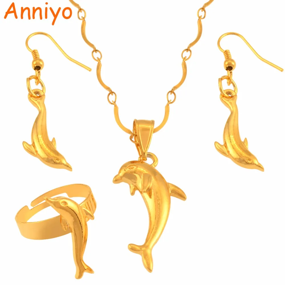 

Anniyo Dolphin Jewelry set Gold Color Animal Necklace Earrings Rings PNG Jewellery Gifts for Women Girls #119006
