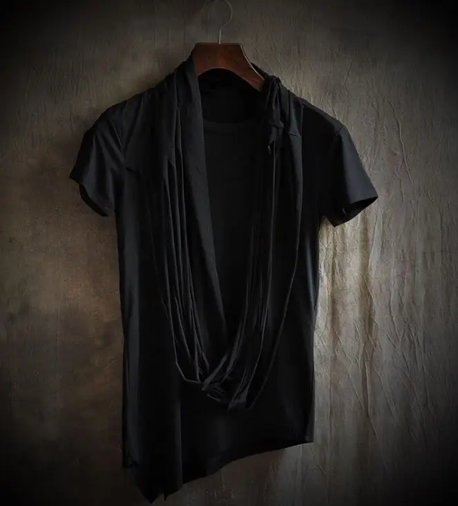 

New Summer personality non mainstream Men's Clothing Male Slim Black irregular fringed round collar short sleeved T-shirts S-3XL