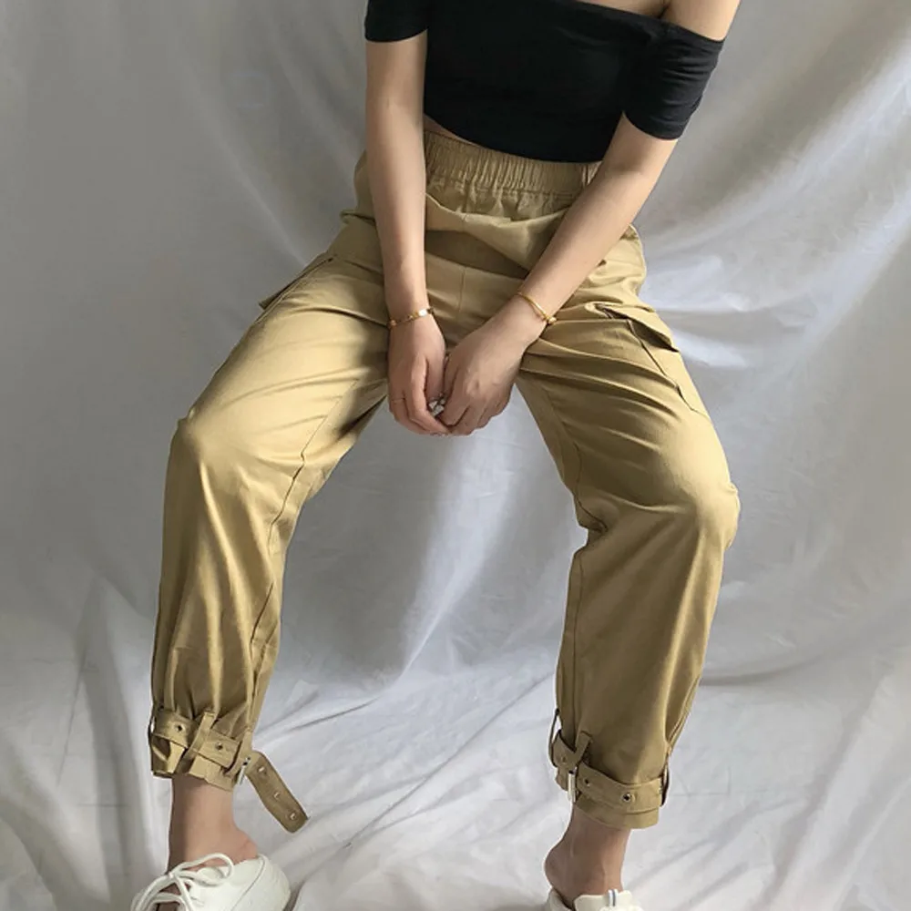 Women's cargo loose trousers high waist hip hop strap plus size Ladies pants side pocket running fitness Harem | Женская одежда