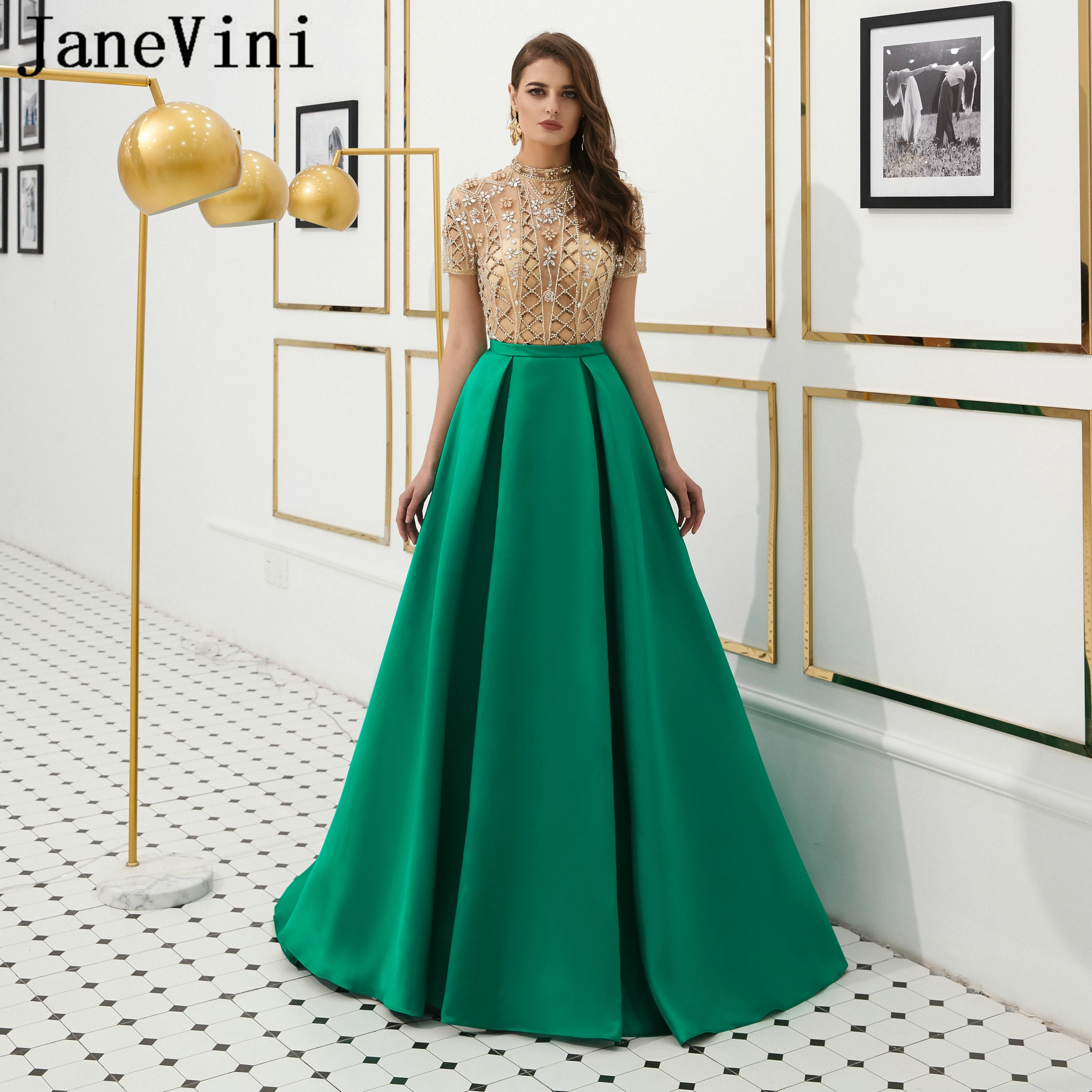 JaneVini De lujo cordón verde una línea vestidos 2019 De cuello alto De manga corta Vestido satén traje largo De Bal Dubai de vestidos fiesta|Vestidos graduación| - AliExpress