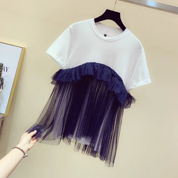 

Screen Stitching T-shirts for Women 2019 New Summer Korean Loose Personality T-shirts Bottom Top Girls Lady Short Sleeve Tshirt