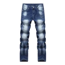 2016 New Style Hole Patch Beggars Slim Men Jeans Pants Mens Denim Distressed Straight Slim Elastic Trousers Free Shipping