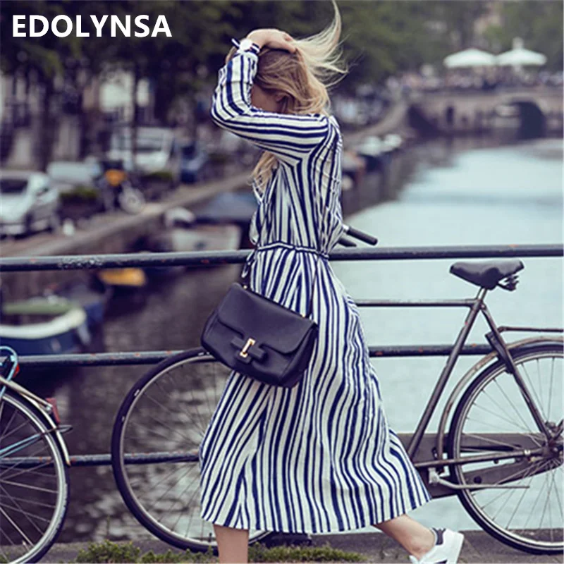 

Elegant Vertical Striped Button Front Open Street Wear Dress Sexy Deep V Neck Front Pocket High Waist Long Sleeve Dress N617