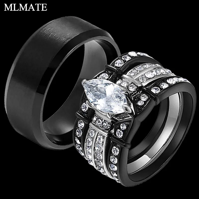 His and Hers Matching Gift Couples Rings Black Stainless Steel Cubic Zirconia Engagement Ring Sets