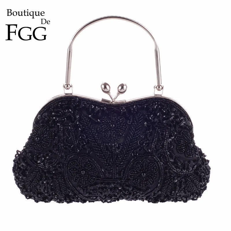 Hand Made Black Beaded Sequins Women Metal Frame Evening Clutches Purse