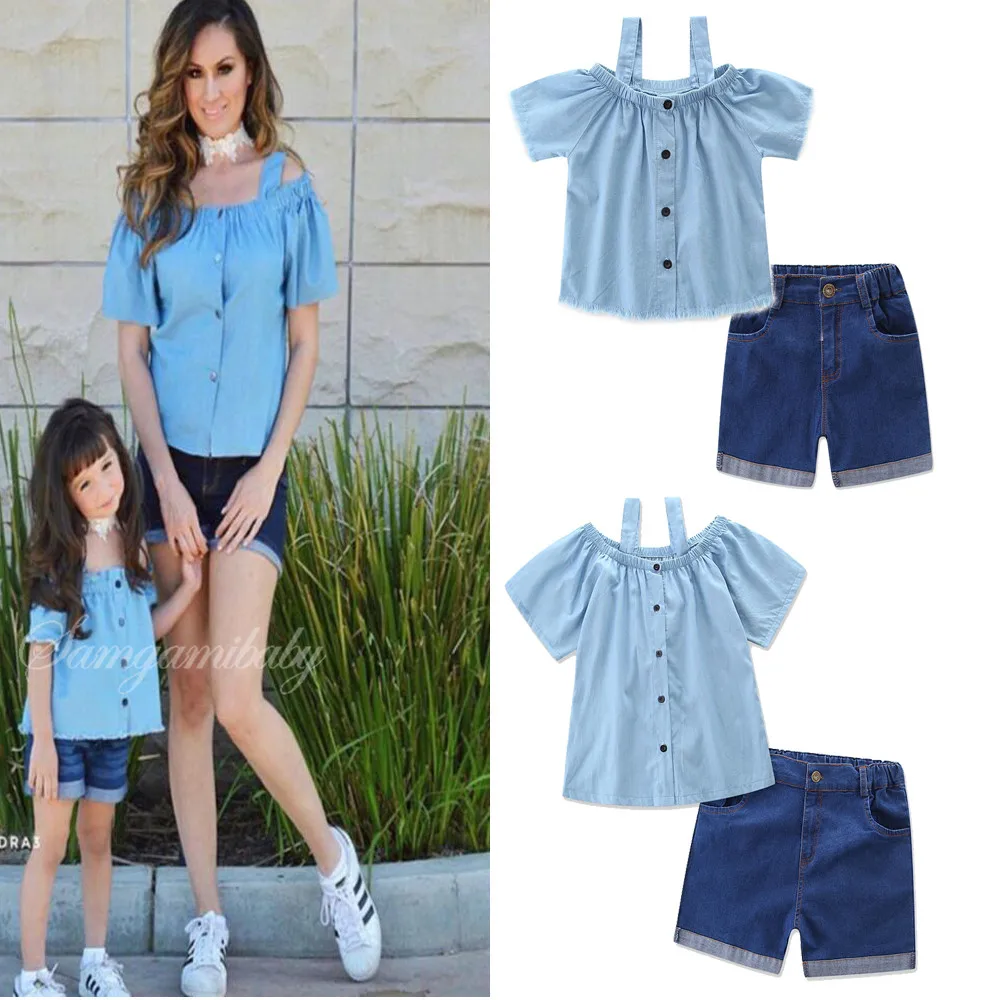 Denim 2 Pieces Mother Daughter Mommy and Me Clothes Family Look