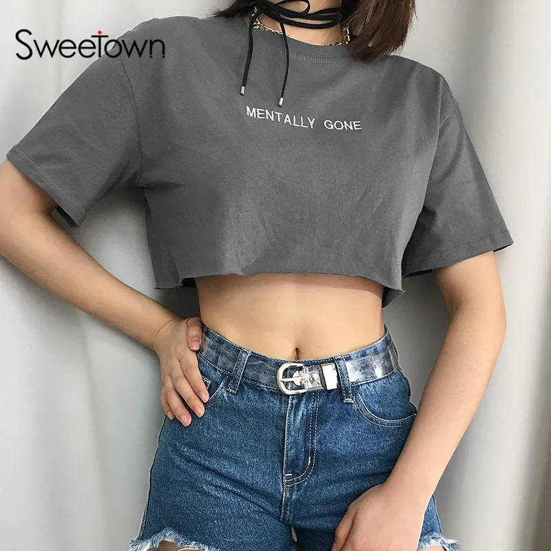Серая Женская летняя футболка Sweetown Повседневная Свободная в Корейском стиле с