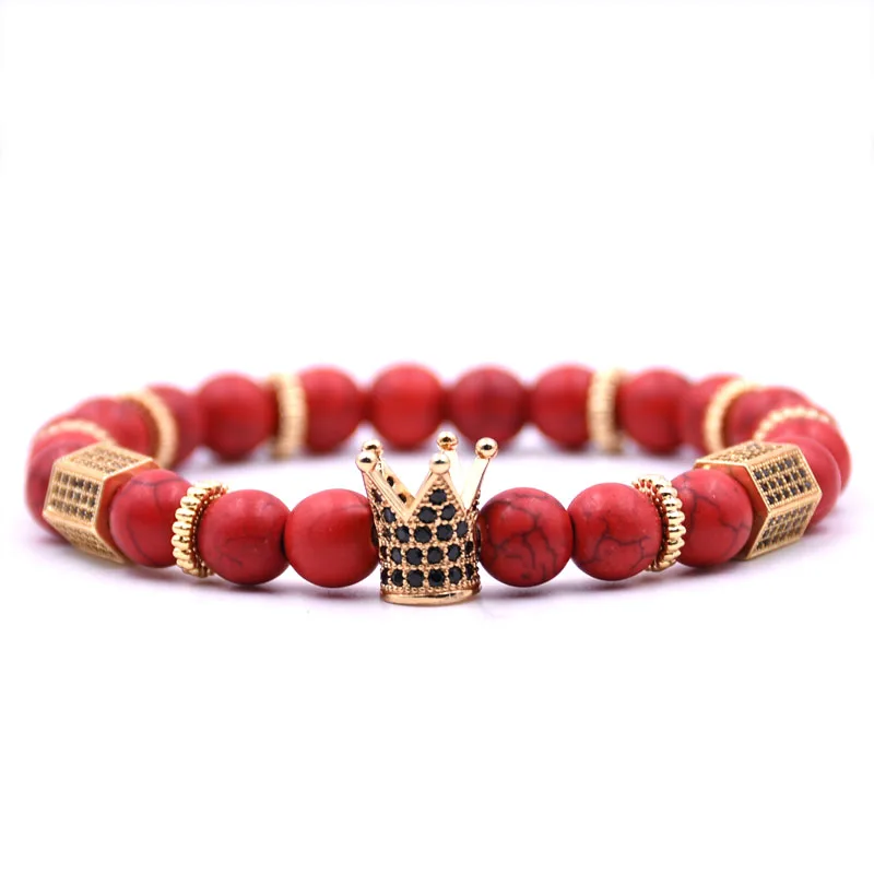 HONEYYIYI мужские ювелирные изделия микро проложить CZ циркония король браслет с шармом с короной натуральные браслеты с бусинами из камня рождественские подарки - Окраска металла: 2