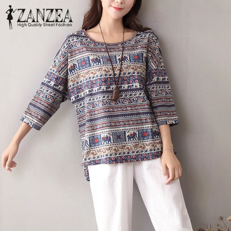 En Ligne ZANZEA 2018 Automne Femmes Coton Lin Blouse Blusas De Mode 3 4 Manches Imprimé National Vent Chemise Lâche Vintage Tops Plus La Taille