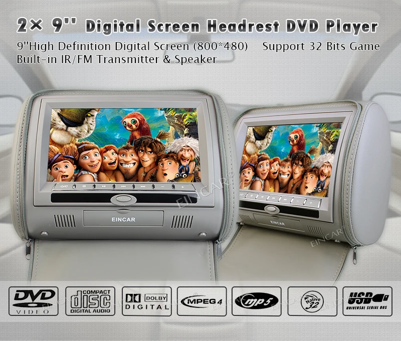 Eincar серая пара подголовников DVD плеер мониторы 9 ''DVD USB SD видео мониторы регион автомобиля Dvd подголовники плеер+ 2 ИК наушники