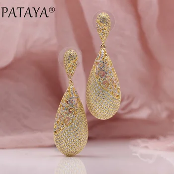 

PATAYA New 585 Rose Yellow Gold True White Gold Micro Wax Inlay Natural Zircon Long Stud Earrings Women Wedding Luxury Jewelry