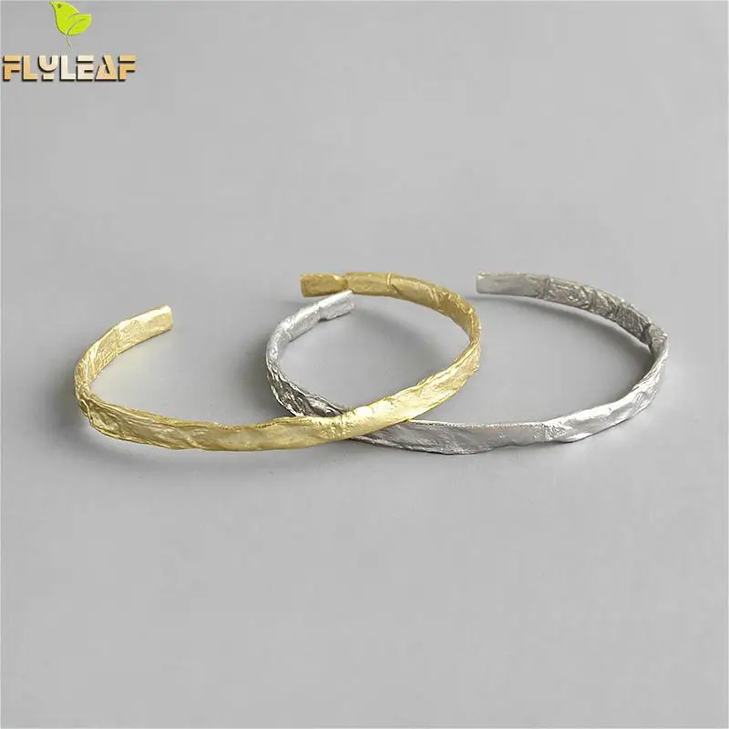 

Flyleaf Irregular Concave Surface Gold Foil Pattern Fine Jewelry 925 Sterling Silver Bangle For Women Cuff Bracelets Bangles