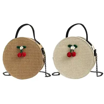 

Summer Cute Cherry Women Round Shoulder Handbags Beach Straw Messenger Bags