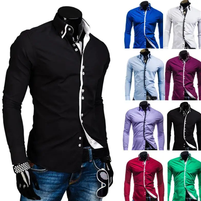 2016 Spring Men's Long Sleeved Dress Shirts Double Collar Button Unique ...