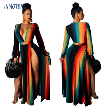 

INMOTENG Women Long Sleeve Rainbow Gradient Printed Deep V-neck High Side Split Maxi Dress Club Party Sexy Night Long Dresses