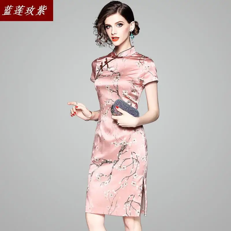 

Silk dress female 2019 spring and summer women retro slim temperament silk qipao dresses ladies split printed cheongsam dress