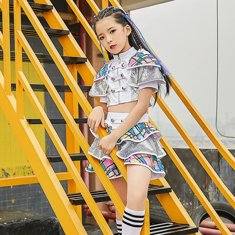

New Children'S Jazz Dance Costumes Girls Silver Personality HipHop Set Kids Model Competition Catwalk Show Clothes DQL1269