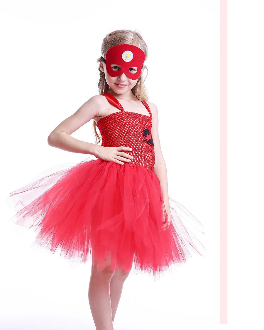 Girl Flash Inspired Superhero Tutu Dress Costume with Mask Kids Birthday Party Halloween Purim Clothing Cosplay Photo Props Dress (7)