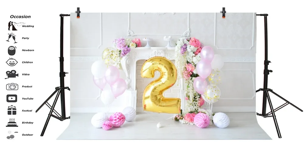Laeacco Baby 2nd Birthday Flowers Balloons Fireplace Photography Background Customized Photographic Backdrop For Photo Studio