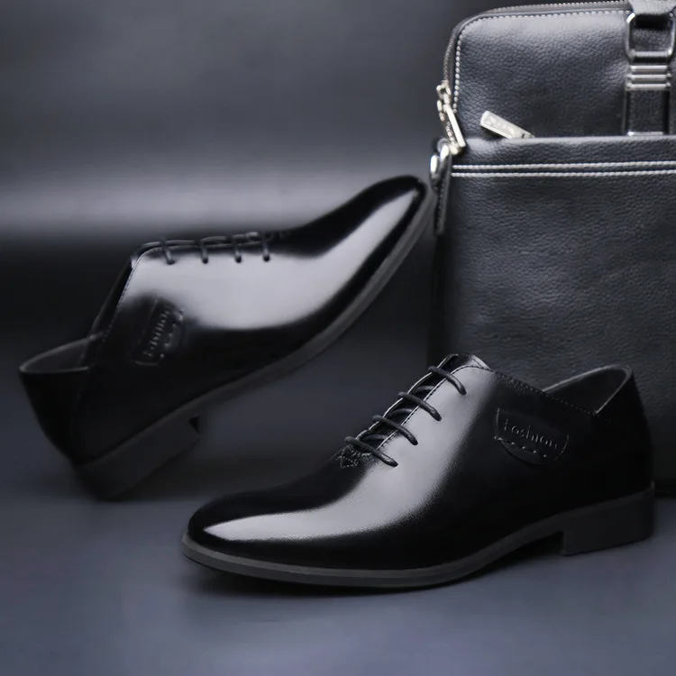 

Pointed Toe Fashion Genuine Leather Men's Dress Shoes Lace-Up Low Sewing Solid Oxfords Summer Office Career Mature Men Shoes