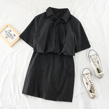 

2019 new fashion women's two piece set Retro Plaid Bandage Shirt+ High Waist Pack Hip Pants Skirt Two Piece