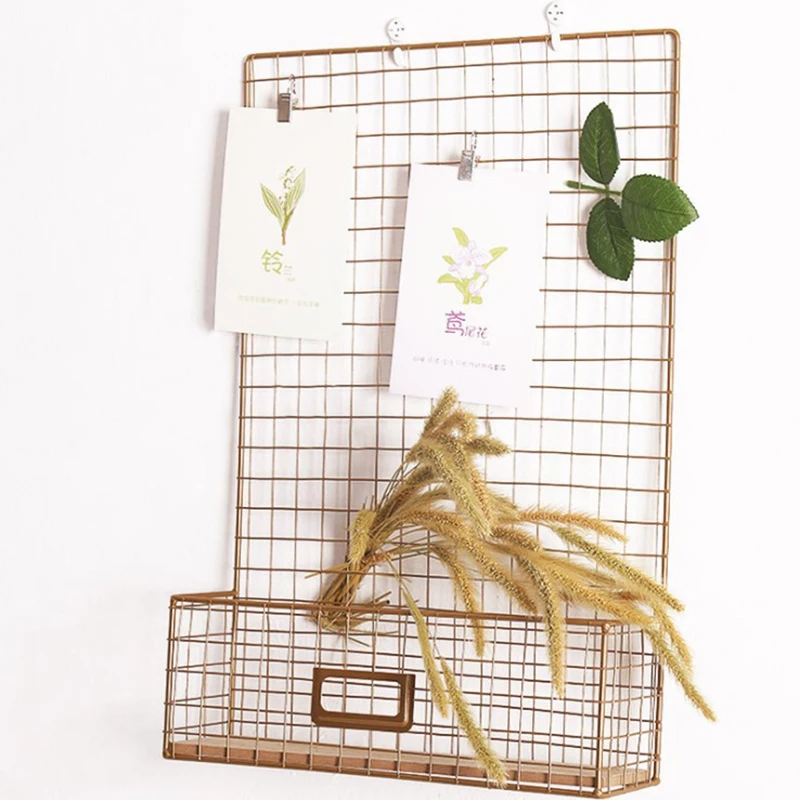 

Nordic Style Creative Gold Wrought Iron Grid Storage Rack Message Board Photo DIY Shelves for Wall Home Decoration Organizer New