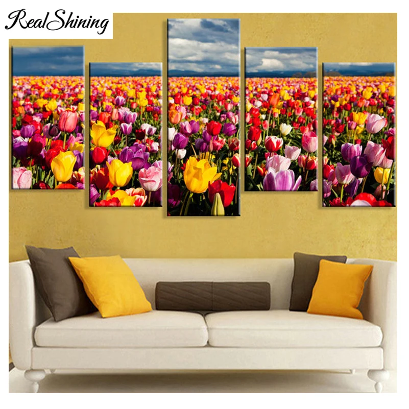 

REALSHINING 5Pcs DIY 5D Diamond Painting cross stitch tulip garden full square Diamond embroidery flower scenic pattern FS2961
