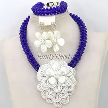 Красивый африканский белый корпус цветок бисер комплект ювелирных изделий королевский синий костюм индийский нигерийский Свадебный комплект ожерелье AIJ641
