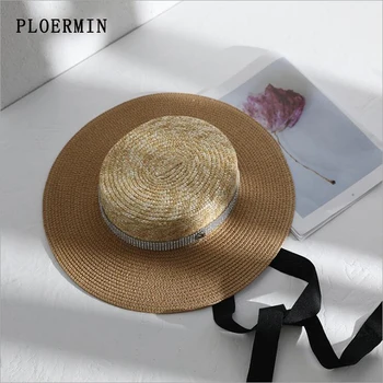 

2019New Women Summer Sun Hat Elegant rhinestone Flat Top Black Ribbon Wind Rope Classical Straw Hat Anti-UV Boater Hat Beach Cap