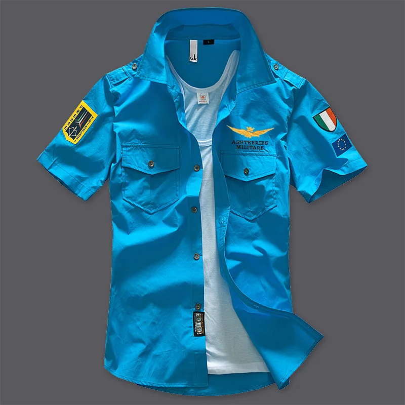 New Men's Shirts Short Sleeve Summer Beach Embroidered Tops High Quality Military Cotton Air Force