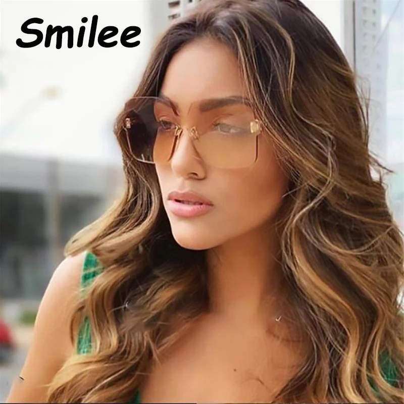 

Rimless Retro Sunglasses Ladies Fashion Designer Transparent Green Yellow Sun Glasses Men Big Brand Women's Square Glasses