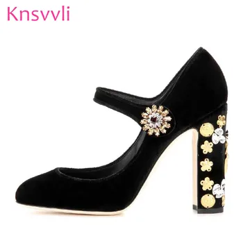 

Retro Black Suede Rhinestone High Heels Women Pumps Round Toe Crystal Flower Buckle Strap Runway Wedding Party Shoes Woman