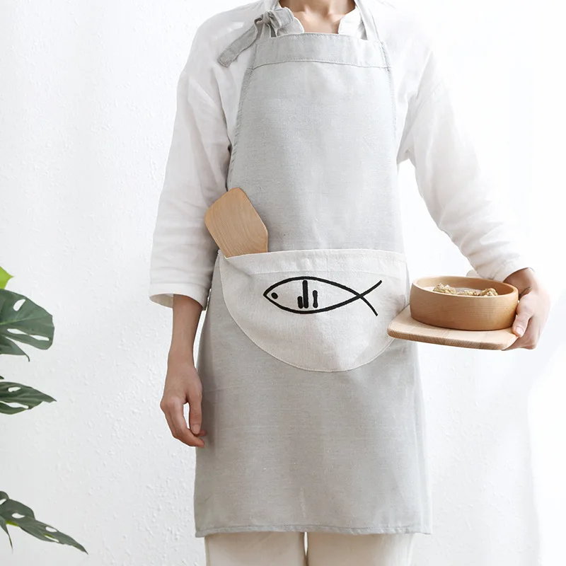 Cotton and linen plain waterproof apron solid color back with kitchen restaurant cooking bib apron pocket