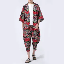 Летние Новые мужские модные повседневные комплекты из 2 предметов в китайском стиле(куртка+ брюки) мужское кимоно кардиган рубашка пальто